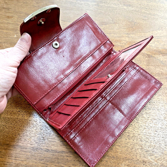 Vintage Y2K Red Leather Checkbook Wallet Moc Croc Silver Heart Clutch Purse - Picture 5 of 8